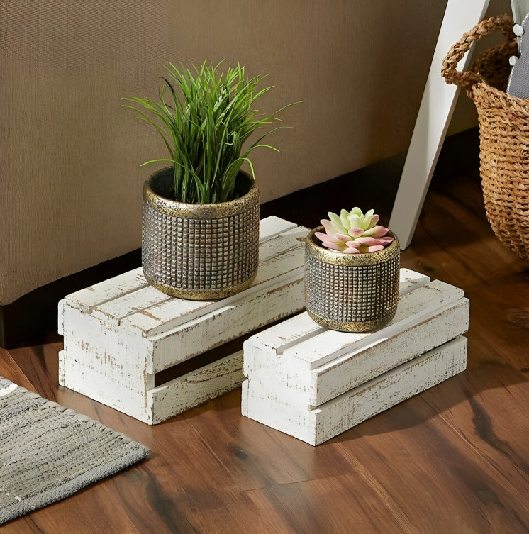 Cement Flower Pot Set - Weathered Gold Metallic