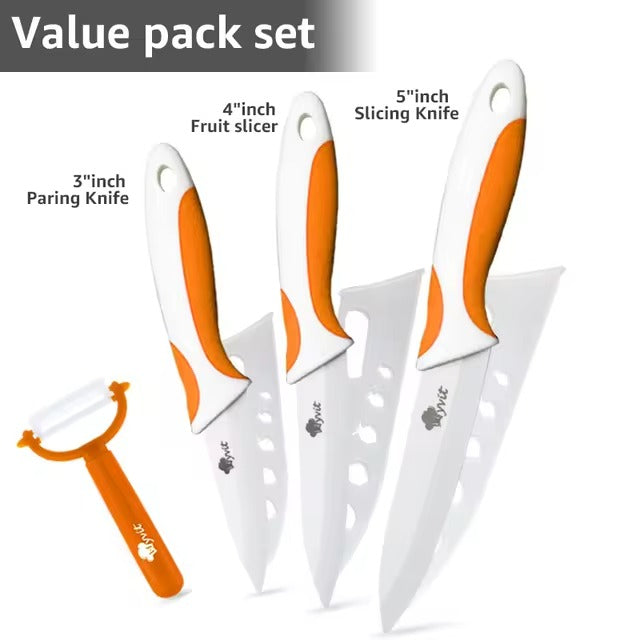 Ceramic Kitchen Knife Set | 3", 4", 5", 6" White Blade Chef Knives with Stand & Peeler | Anti-Slip Handle for Fruits & Vegetables